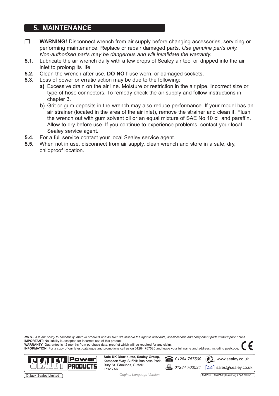 Maintenance | Sealey SA21/S User Manual | Page 3 / 4