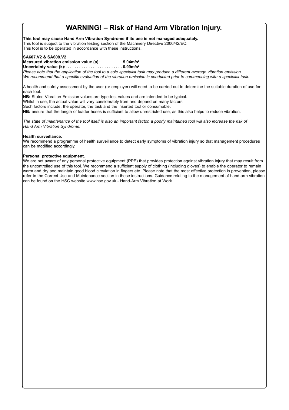 Warning! – risk of hand arm vibration injury | Sealey SA608 User Manual | Page 4 / 4