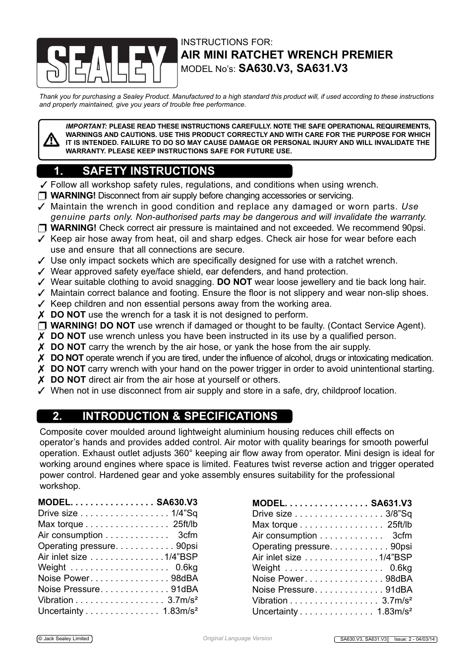 Sealey SA630 User Manual | 4 pages