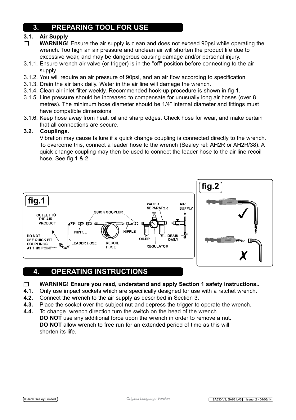 Fig.1 fig.2, Preparing tool for use 4. operating instructions | Sealey SA630 User Manual | Page 2 / 4