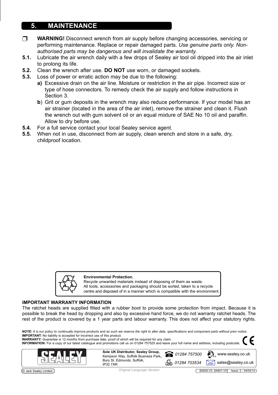 Maintenance | Sealey SA630 User Manual | Page 3 / 4