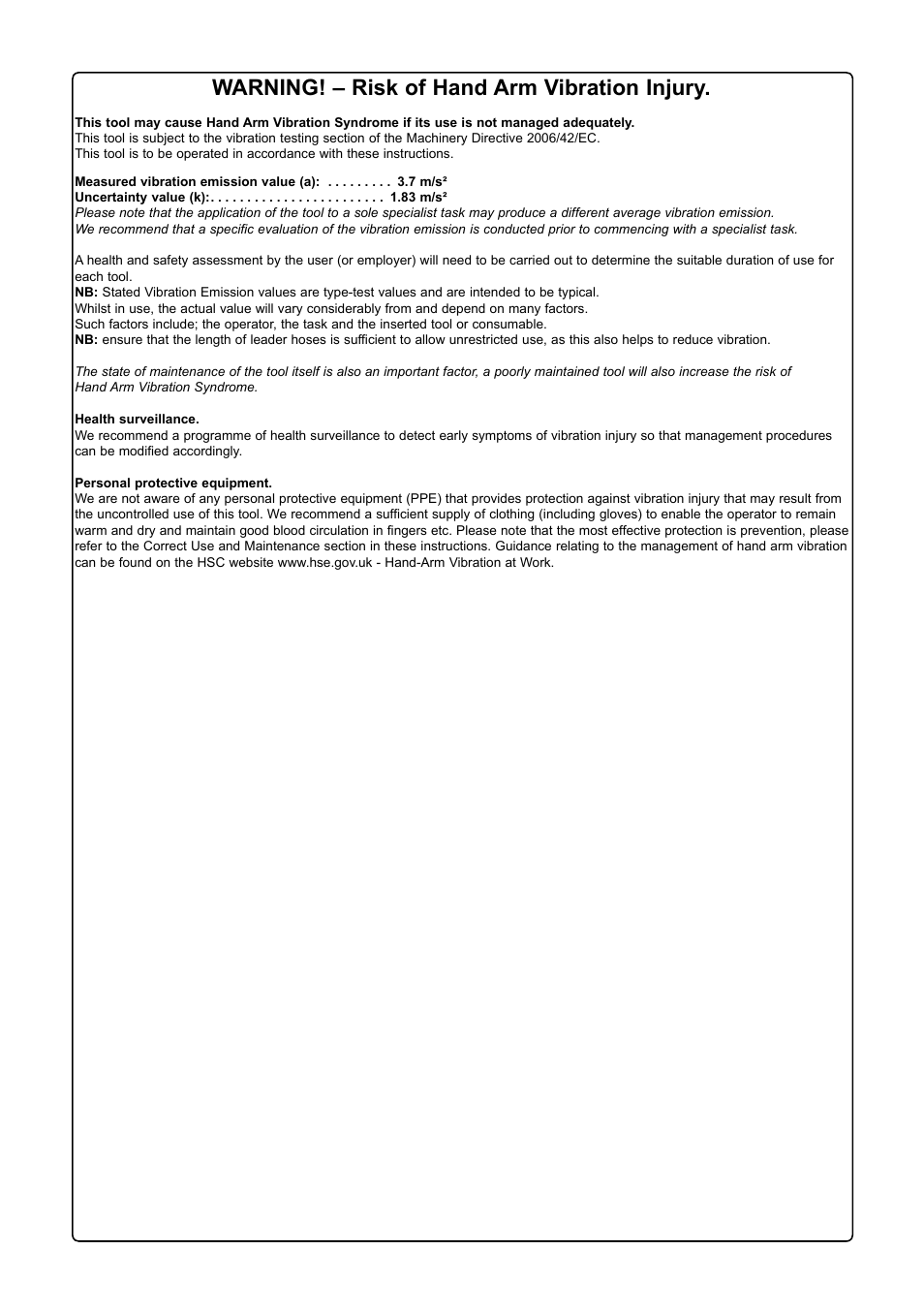 Warning! – risk of hand arm vibration injury | Sealey SA630 User Manual | Page 4 / 4