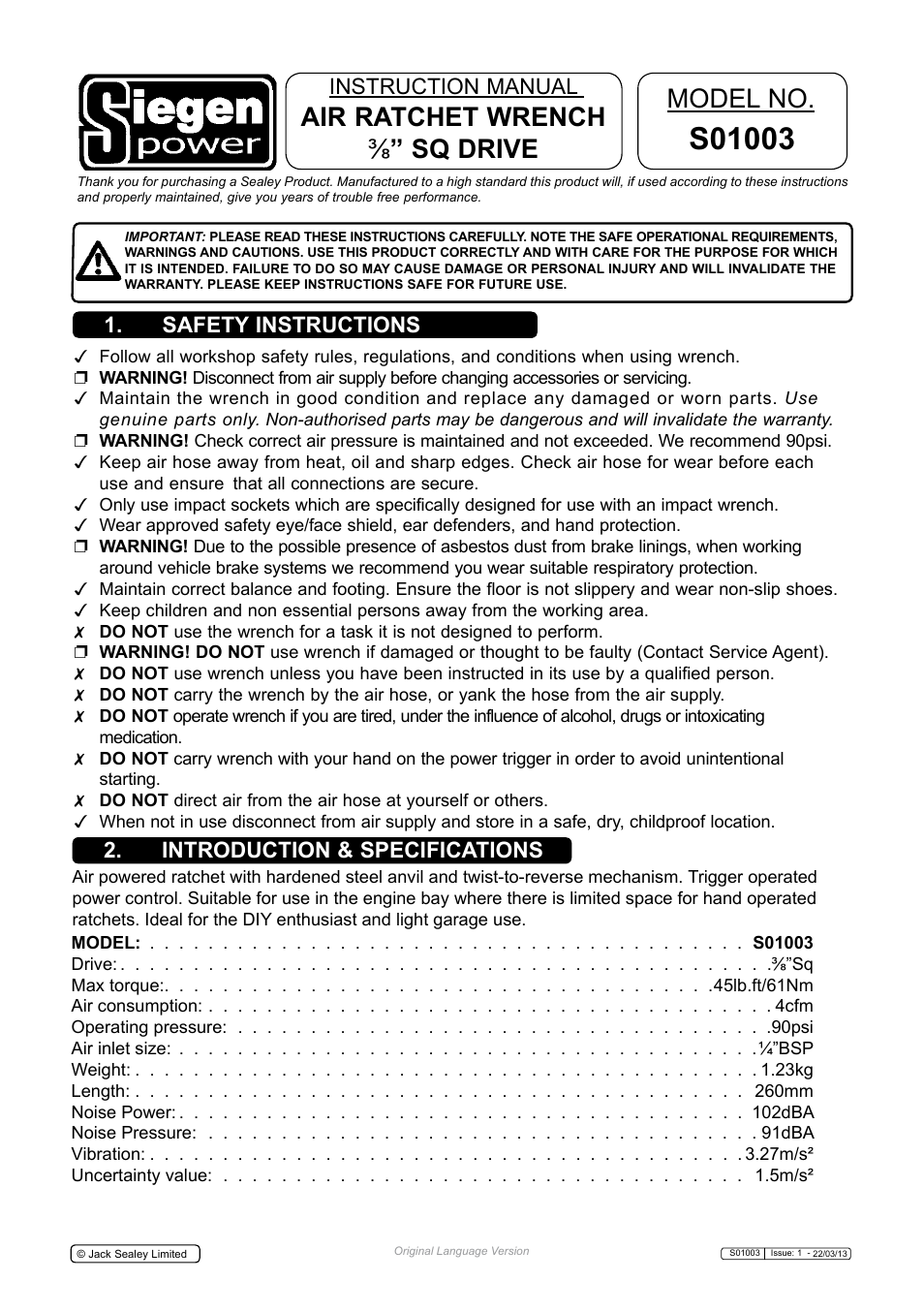 Sealey S01003 User Manual | 4 pages