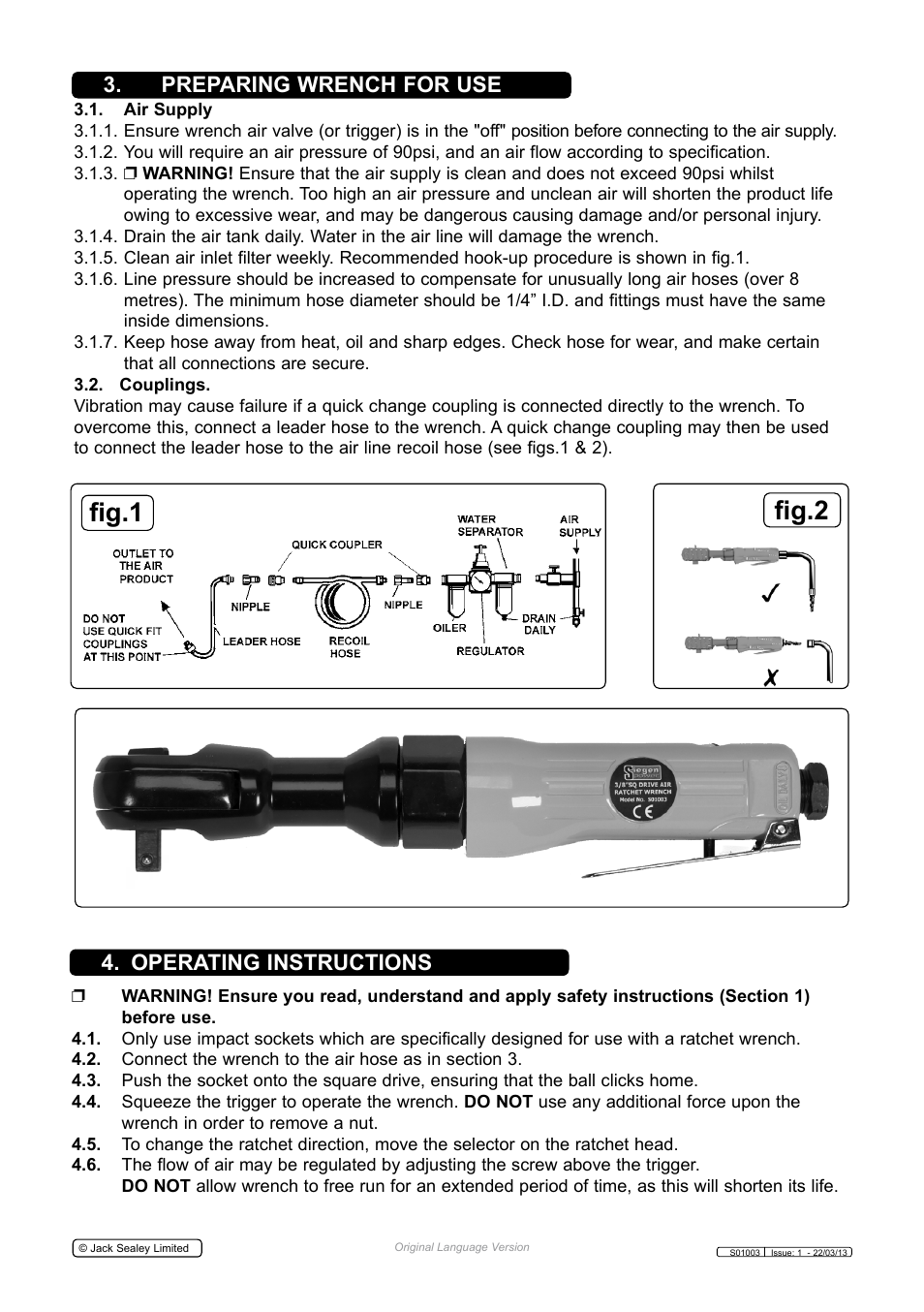 Fig.1 fig.2, Preparing wrench for use 4. operating instructions | Sealey S01003 User Manual | Page 2 / 4