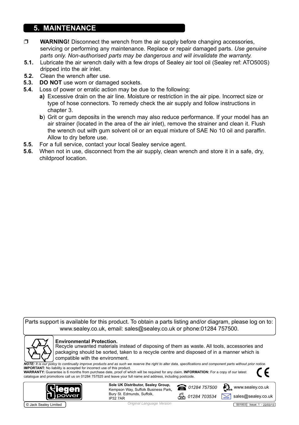 Maintenance | Sealey S01003 User Manual | Page 3 / 4