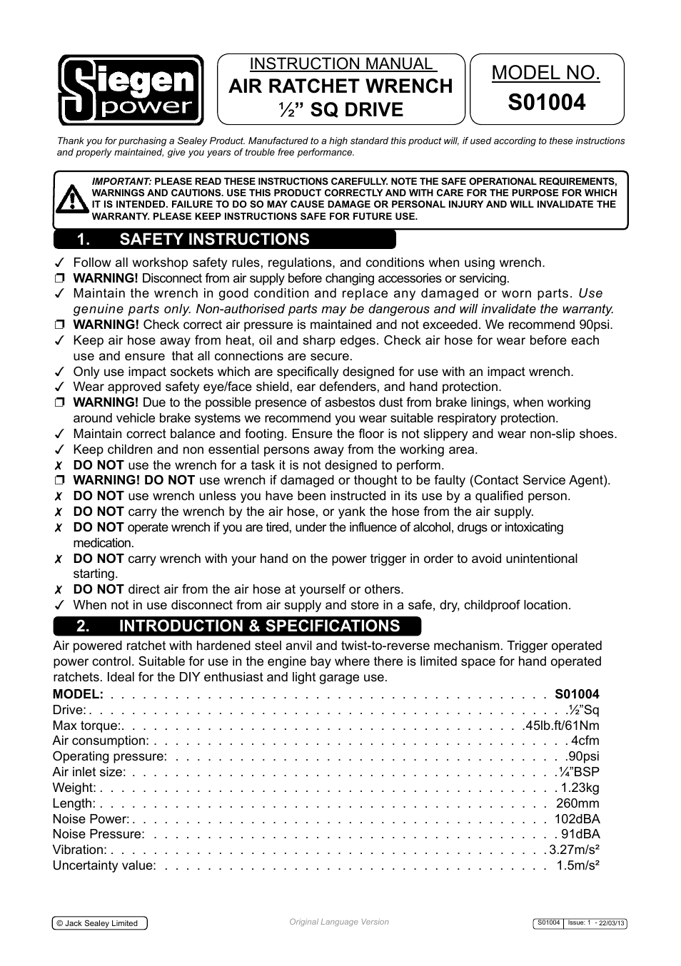 Sealey S01004 User Manual | 4 pages