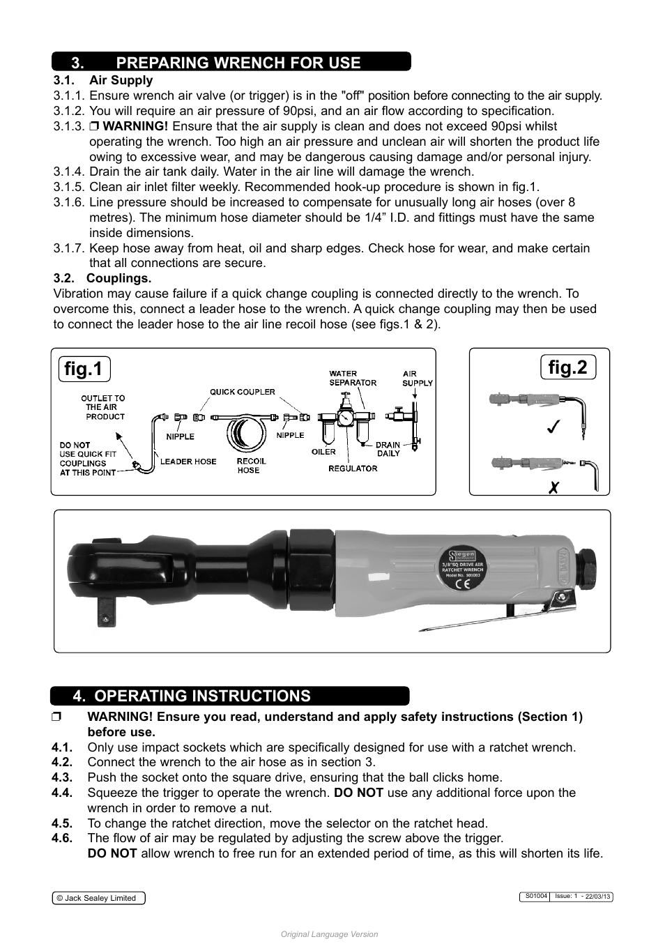 Fig.1 fig.2, Preparing wrench for use 4. operating instructions | Sealey S01004 User Manual | Page 2 / 4