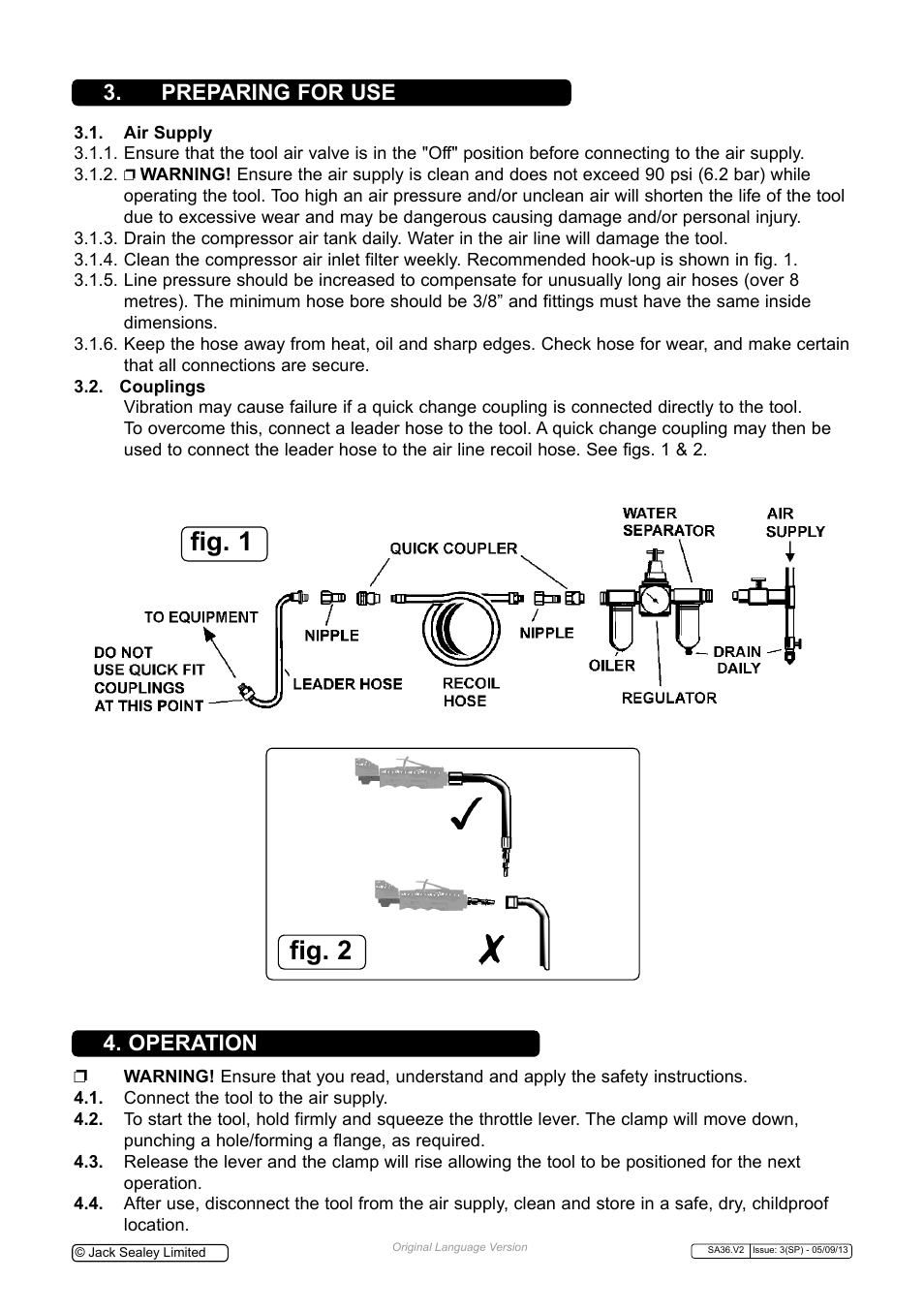 Fig. 1 fig. 2, Preparing for use, Operation | Sealey SA36 User Manual | Page 2 / 4