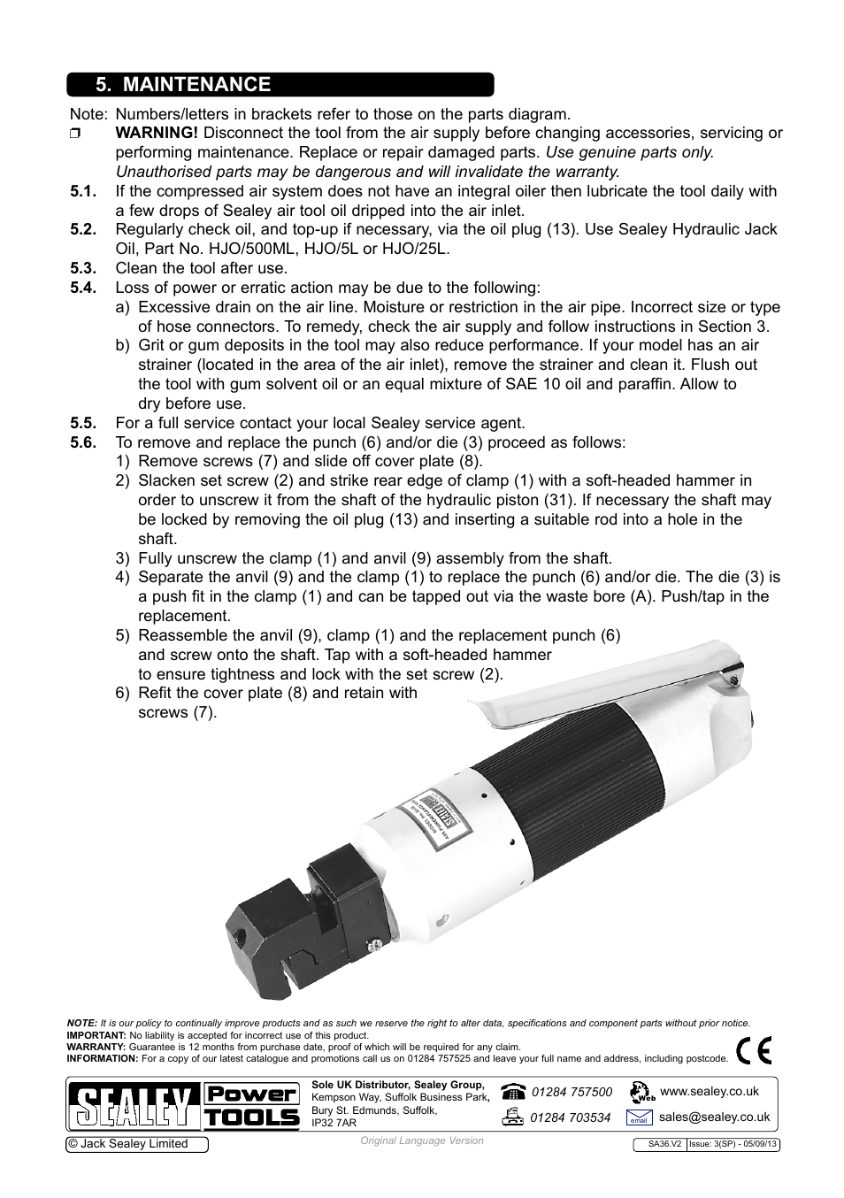 Maintenance | Sealey SA36 User Manual | Page 3 / 4