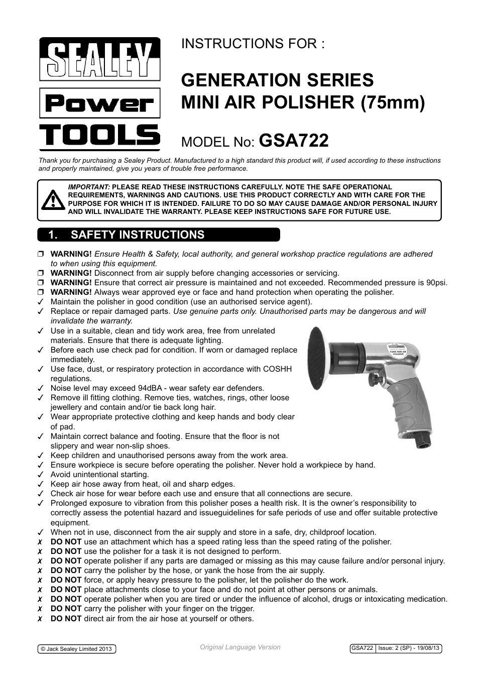 Sealey GSA722 User Manual | 4 pages