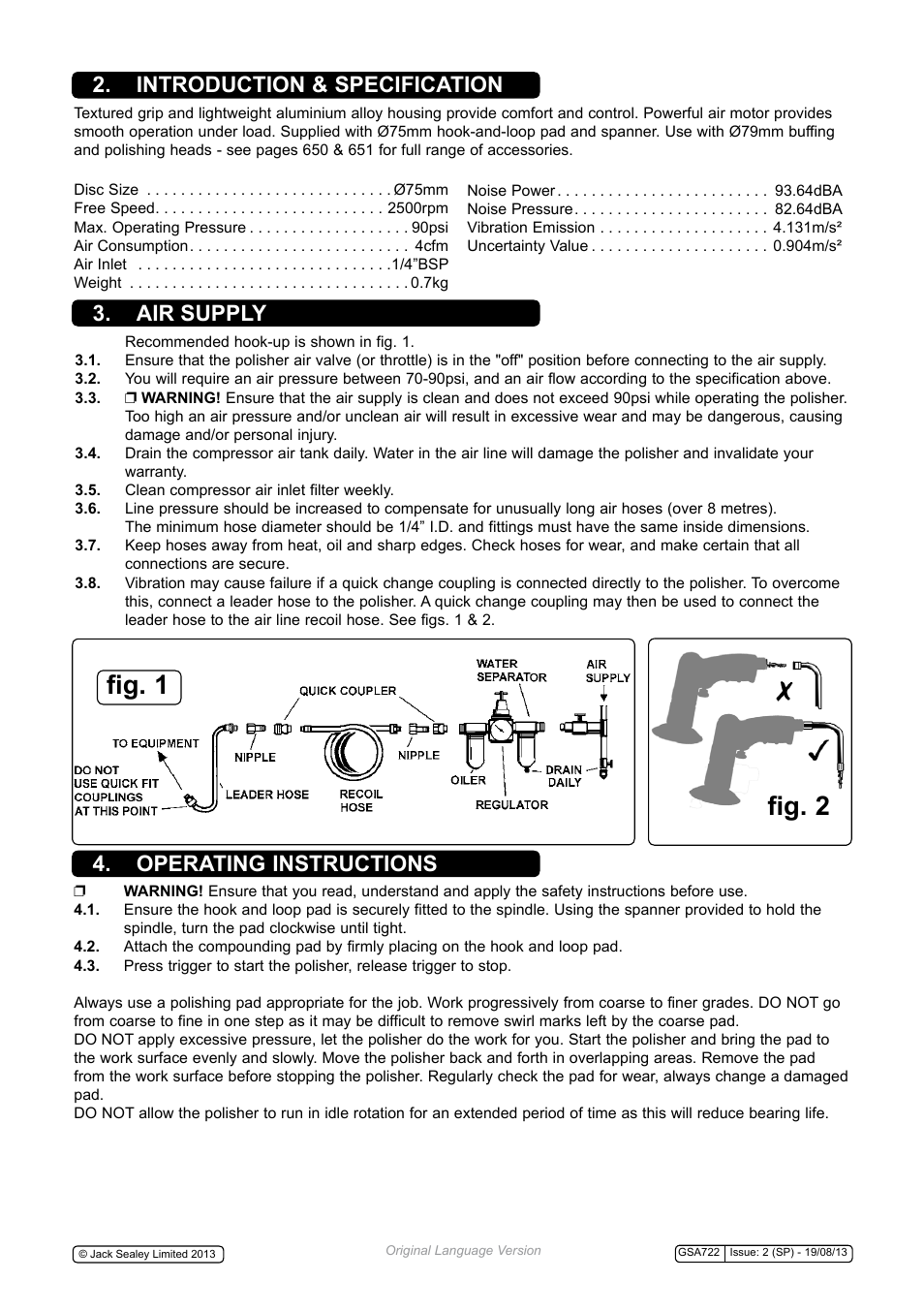 Fig. 1, Fig. 2, Introduction & specification | Air supply 4. operating instructions | Sealey GSA722 User Manual | Page 2 / 4