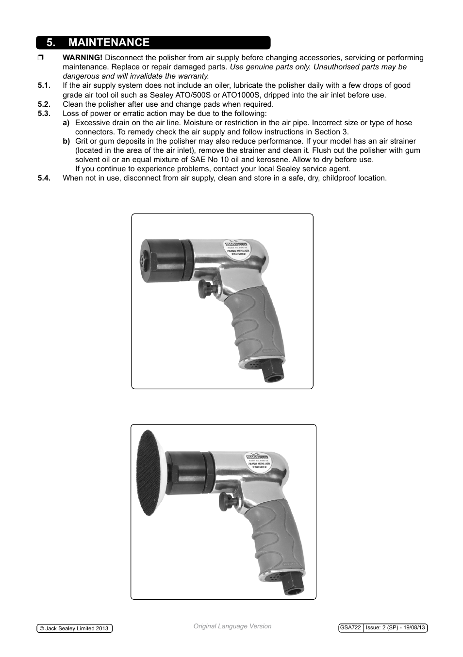 Maintenance | Sealey GSA722 User Manual | Page 3 / 4