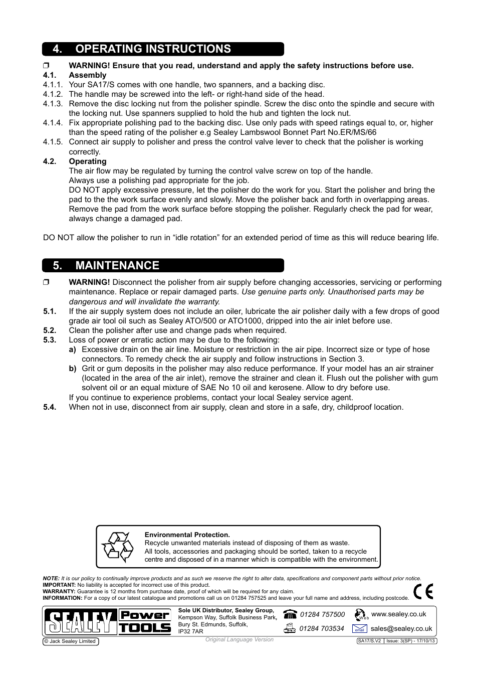 Operating instructions 5. maintenance | Sealey SA17/S User Manual | Page 3 / 4