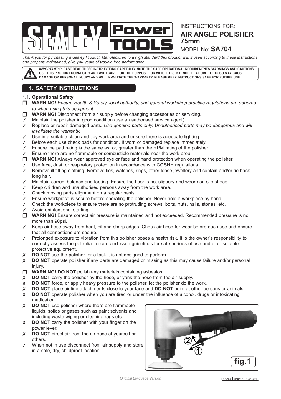 Sealey SA704 User Manual | 3 pages