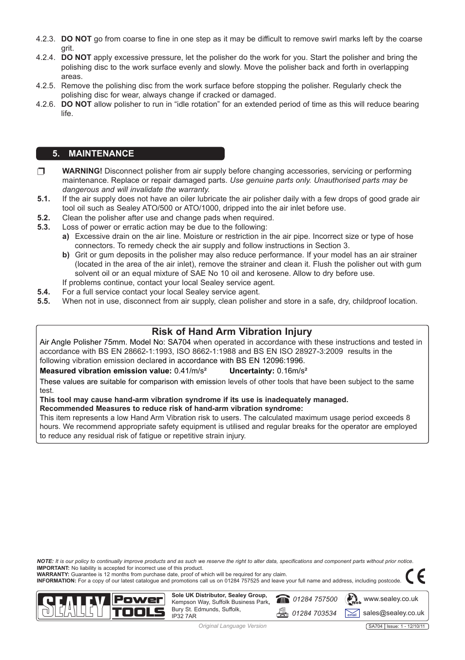 Risk of hand arm vibration injury, Maintenance | Sealey SA704 User Manual | Page 3 / 3