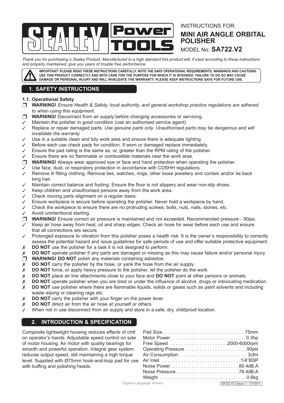 Sealey SA722 User Manual | 3 pages