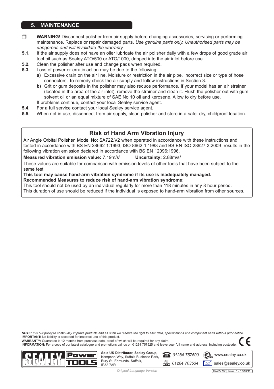 Risk of hand arm vibration injury, Maintenance | Sealey SA722 User Manual | Page 3 / 3