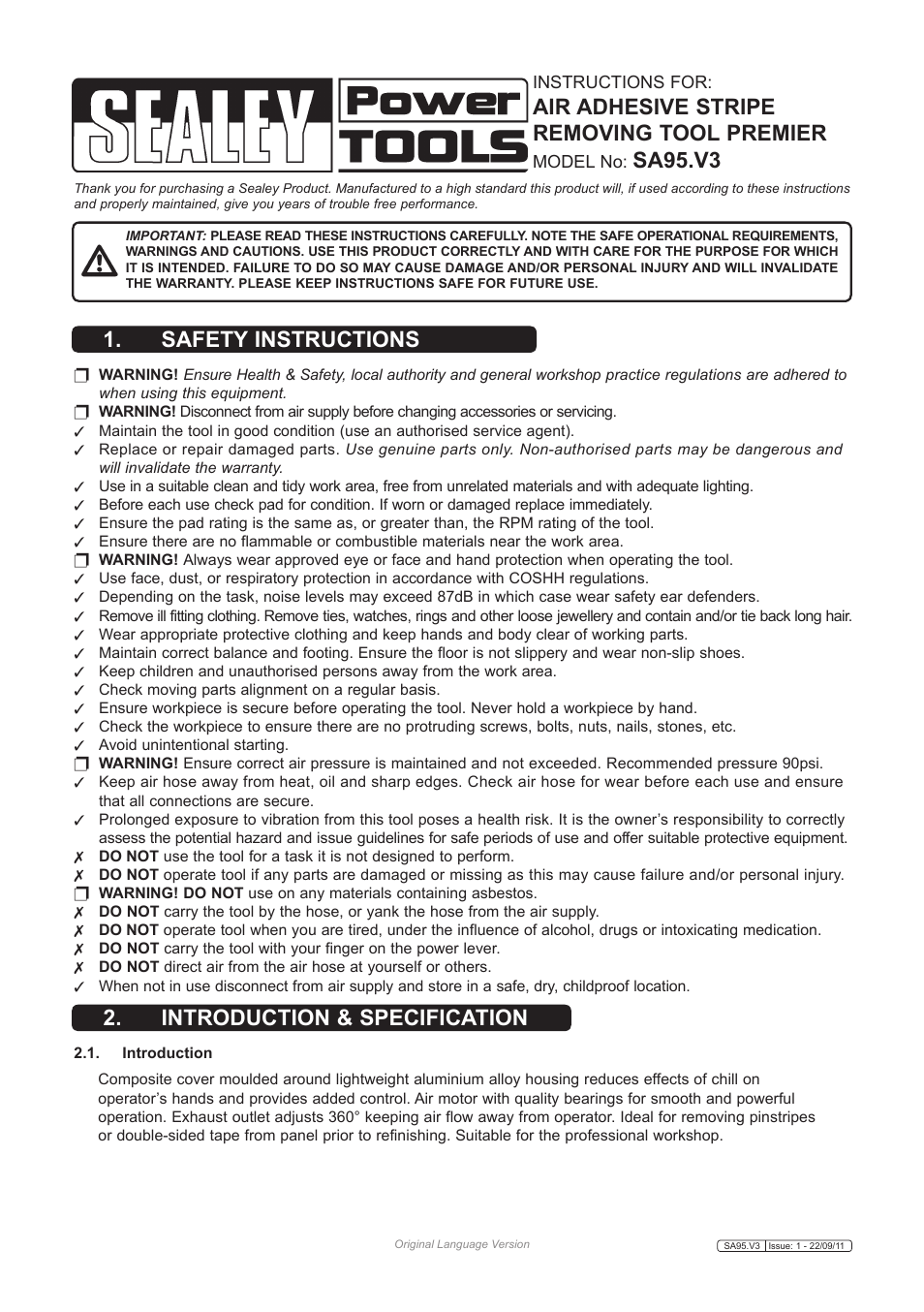 Sealey SA95 User Manual | 3 pages