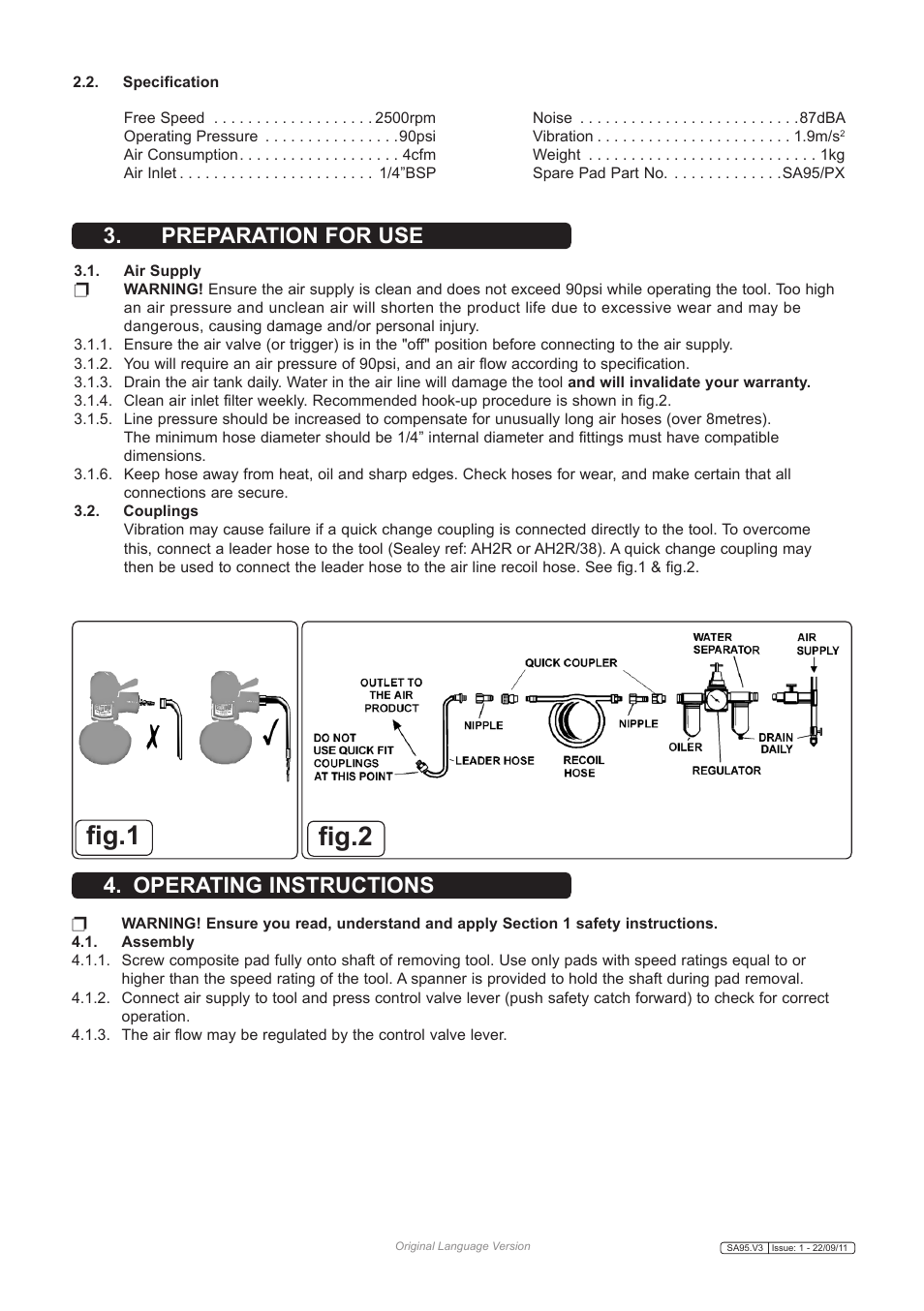 Fig.2 fig.1, Preparation for use 4. operating instructions | Sealey SA95 User Manual | Page 2 / 3