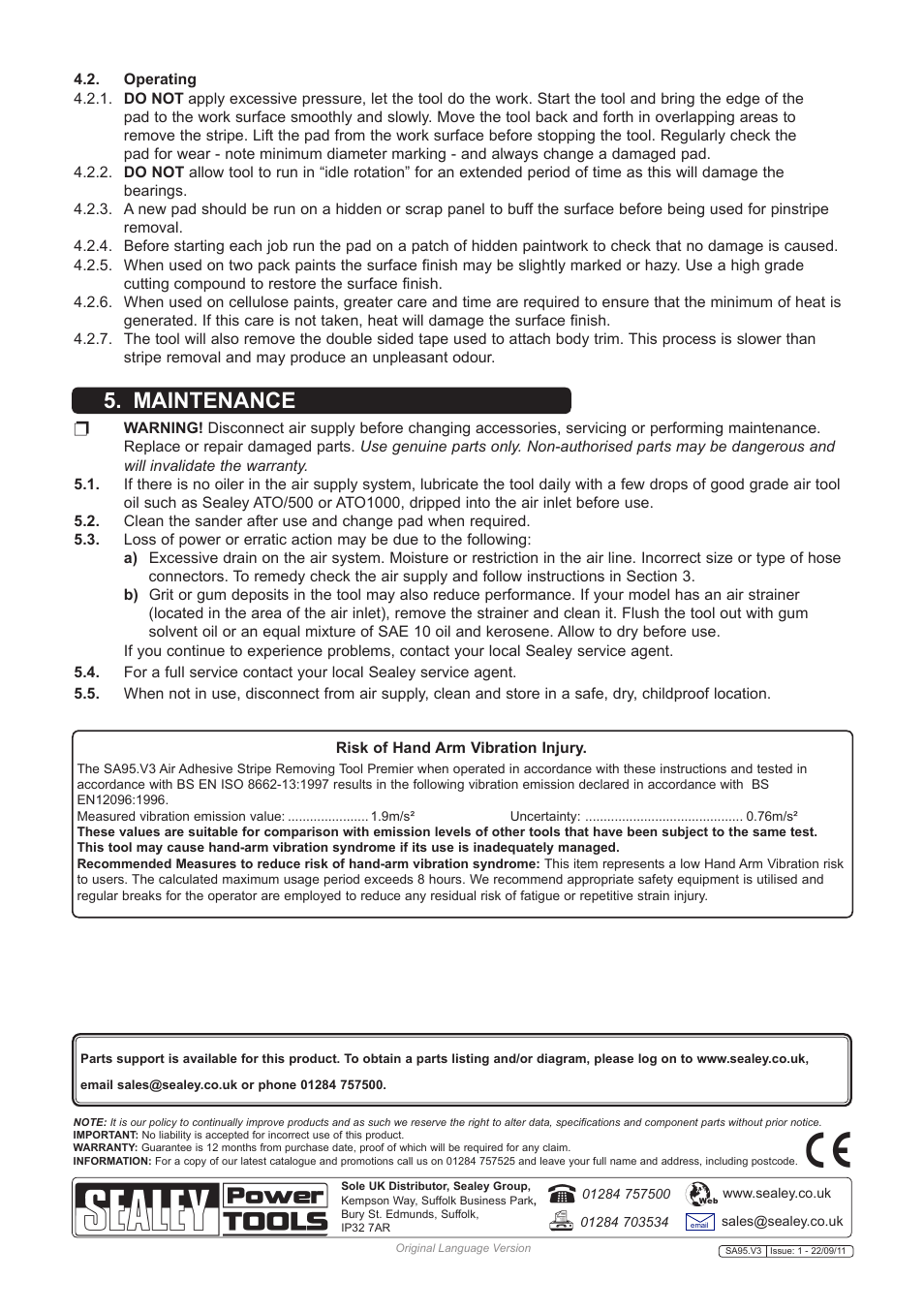 Maintenance | Sealey SA95 User Manual | Page 3 / 3