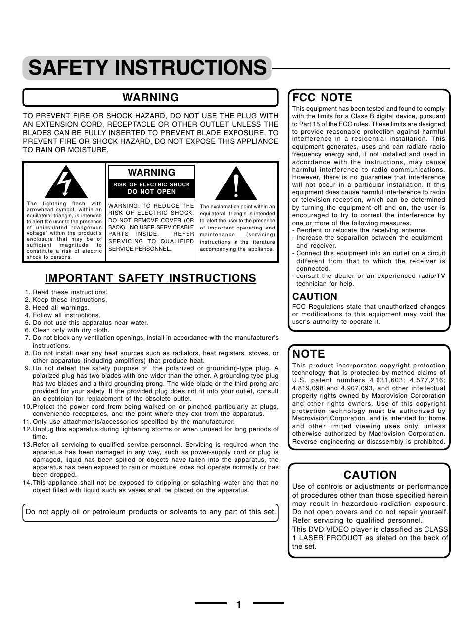 Safety instructions, Warning important safety instructions, Caution | Warning | Dolby Laboratories DVD- 2OO3 User Manual | Page 2 / 11