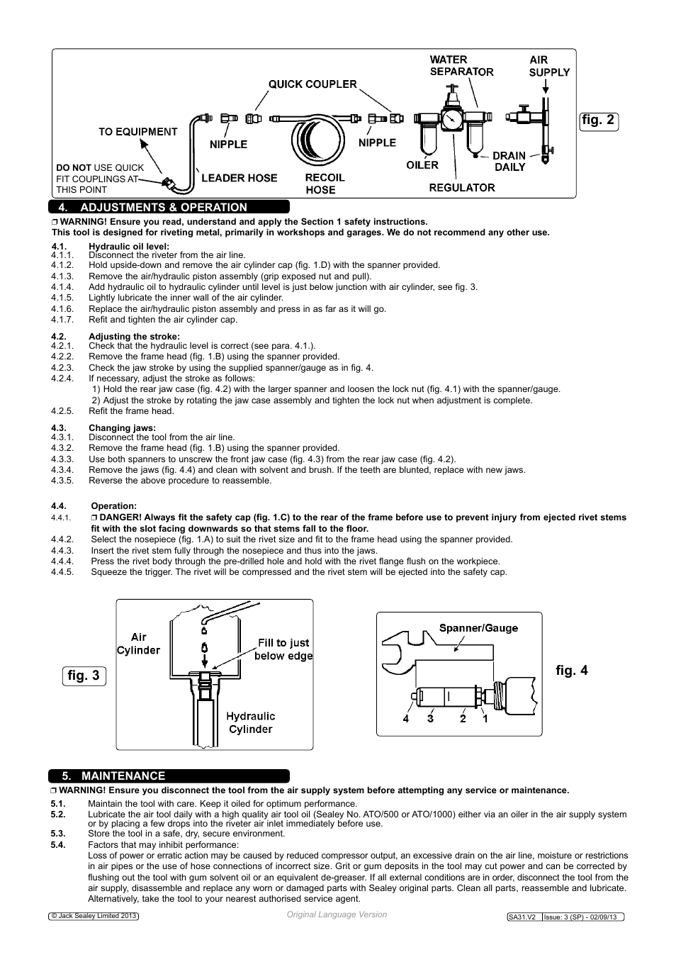 Fig. 4 fig. 3, Fig. 2, Adjustments & operation 5. maintenance | Sealey SA31 User Manual | Page 2 / 3