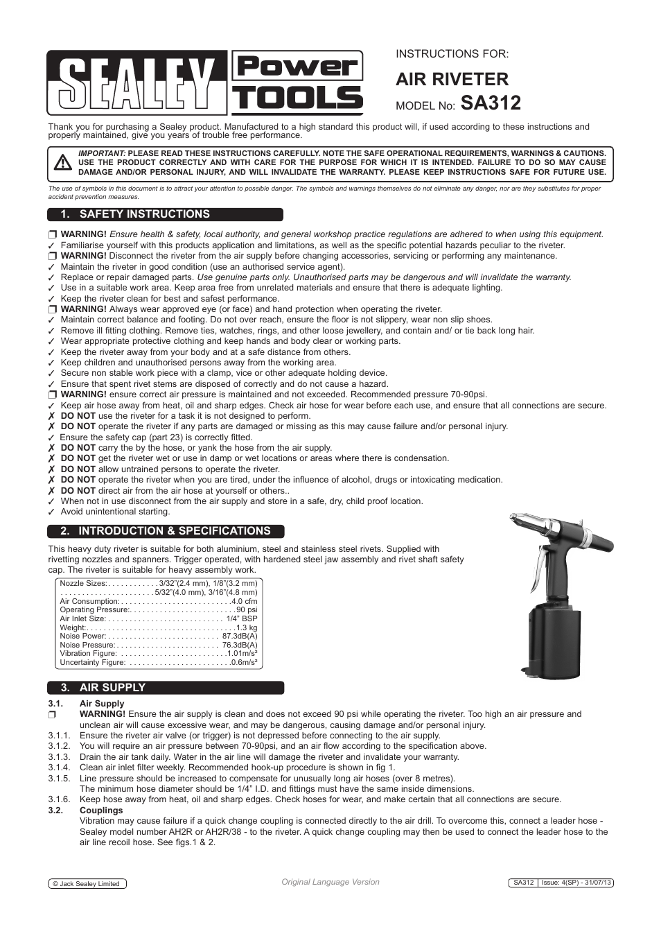 Sealey SA312 User Manual | 3 pages