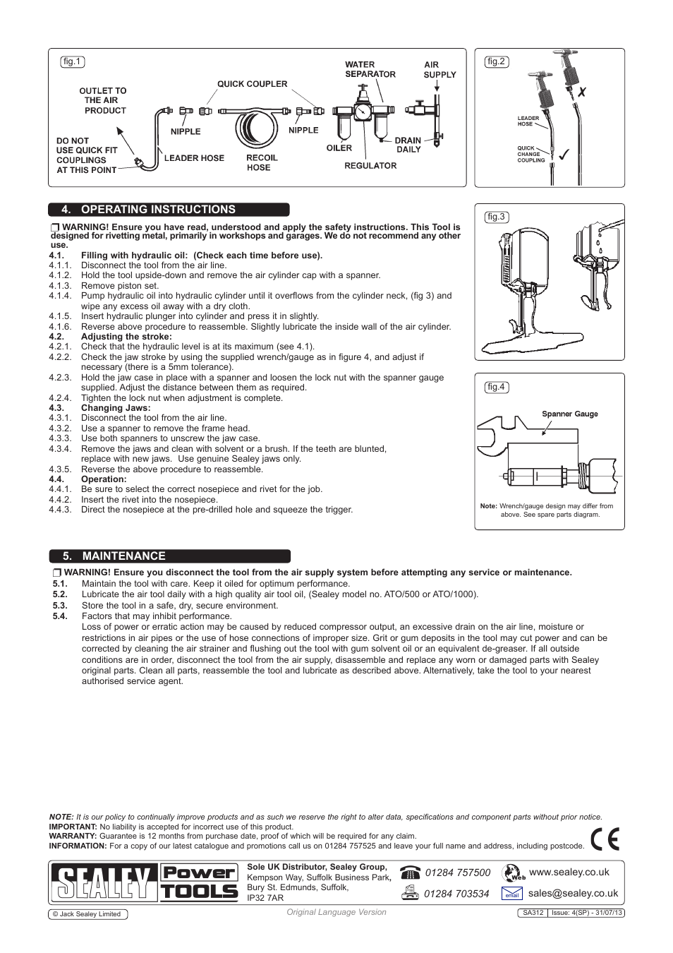Operating instructions 5. maintenance | Sealey SA312 User Manual | Page 2 / 3