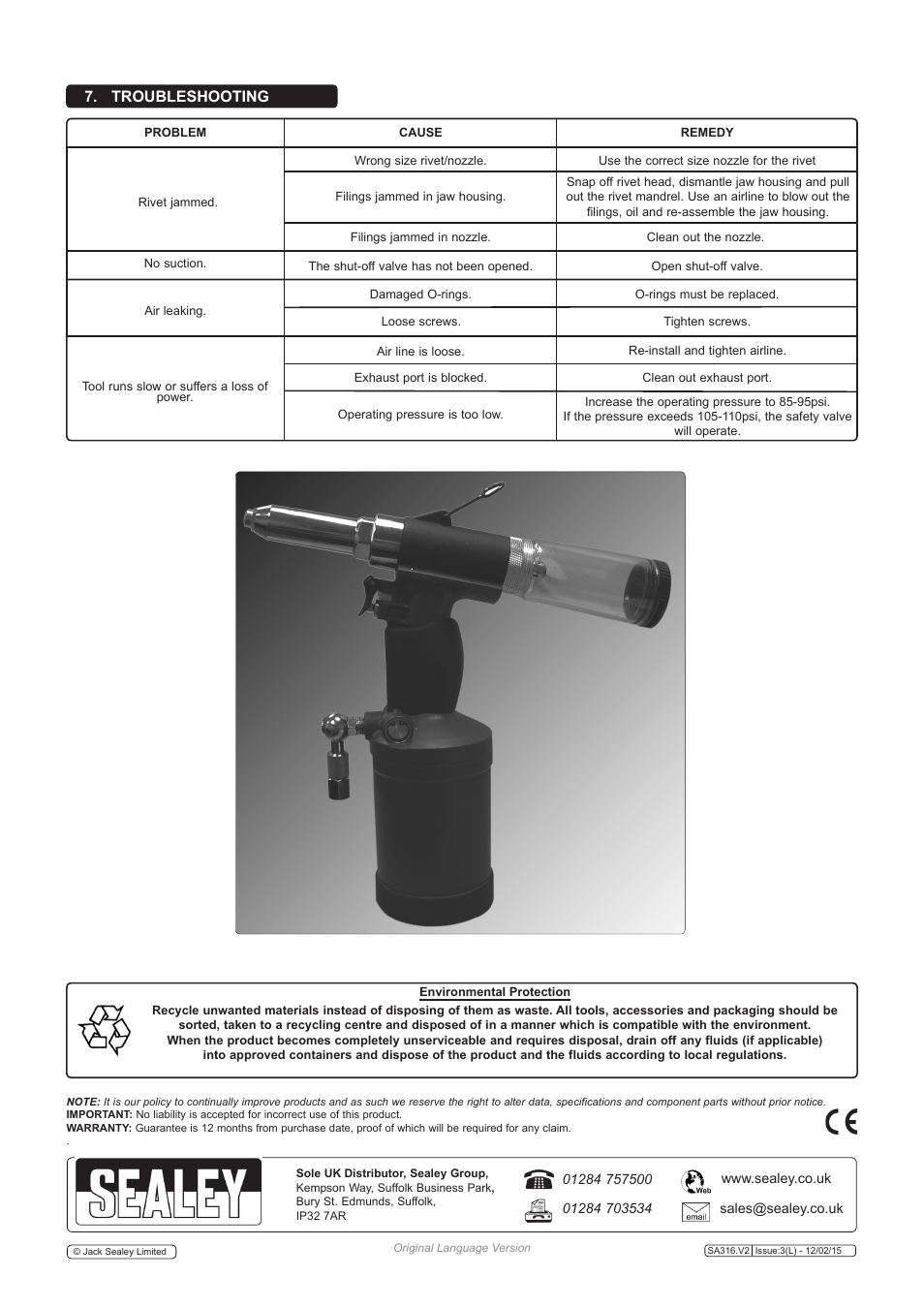 Troubleshooting | Sealey SA316 User Manual | Page 3 / 4