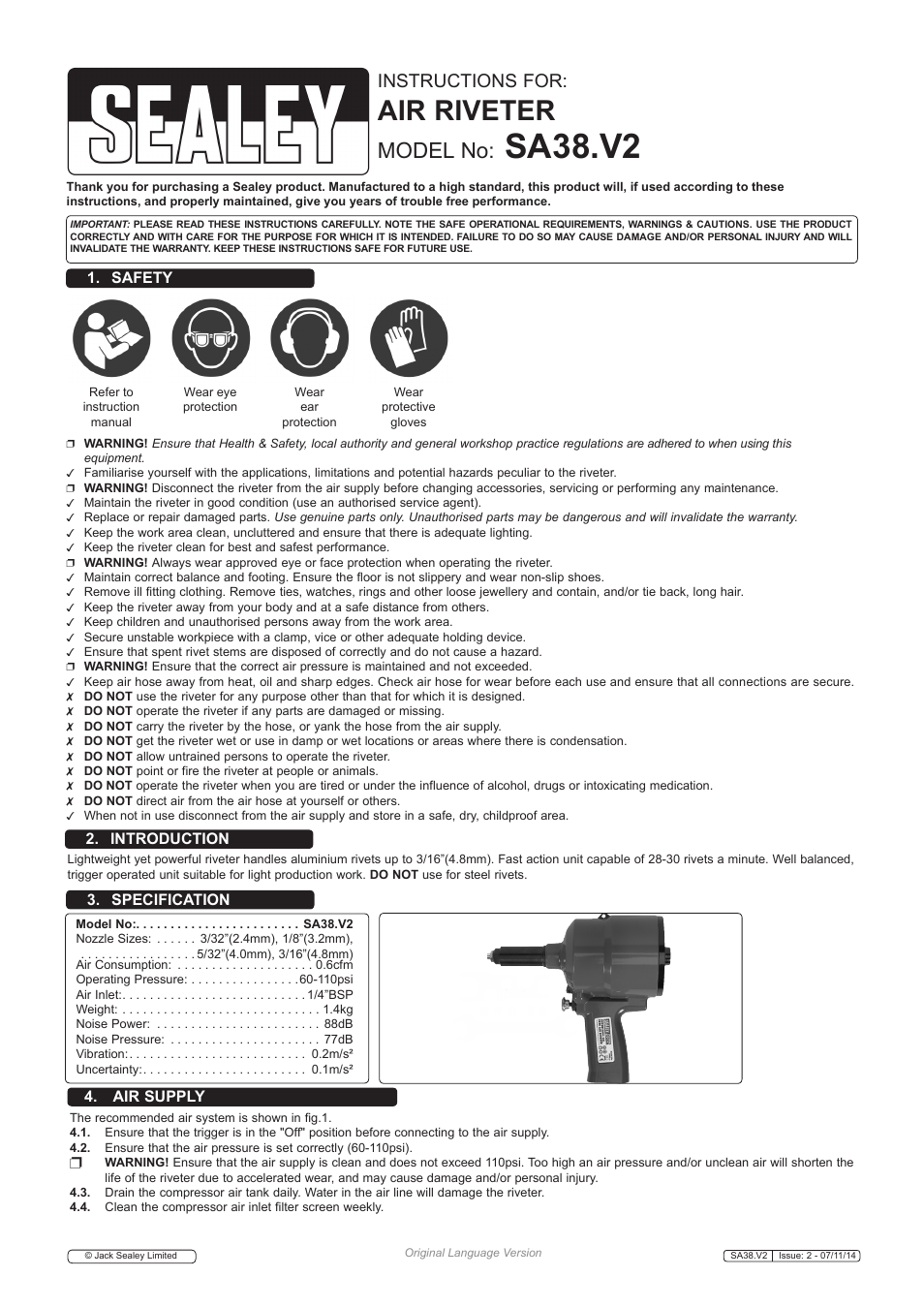 Sealey SA38 User Manual | 4 pages