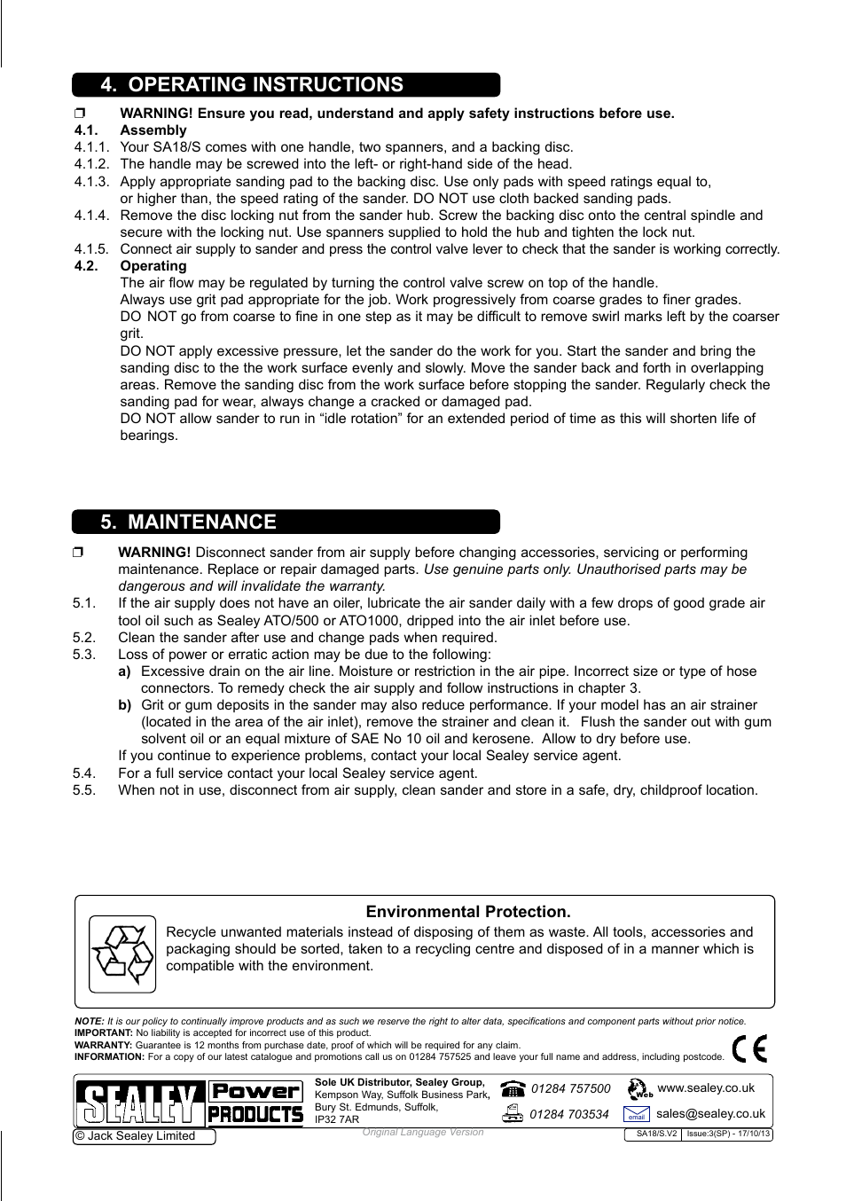 Operating instructions 5. maintenance, Environmental protection | Sealey SA18/S User Manual | Page 3 / 4