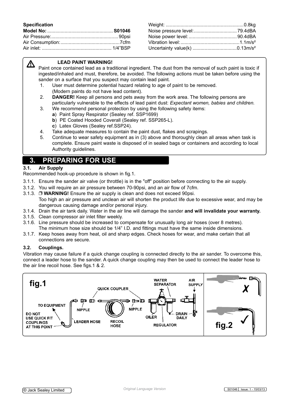 Fig.1 fig.2, Preparing for use | Sealey S01046 User Manual | Page 2 / 4