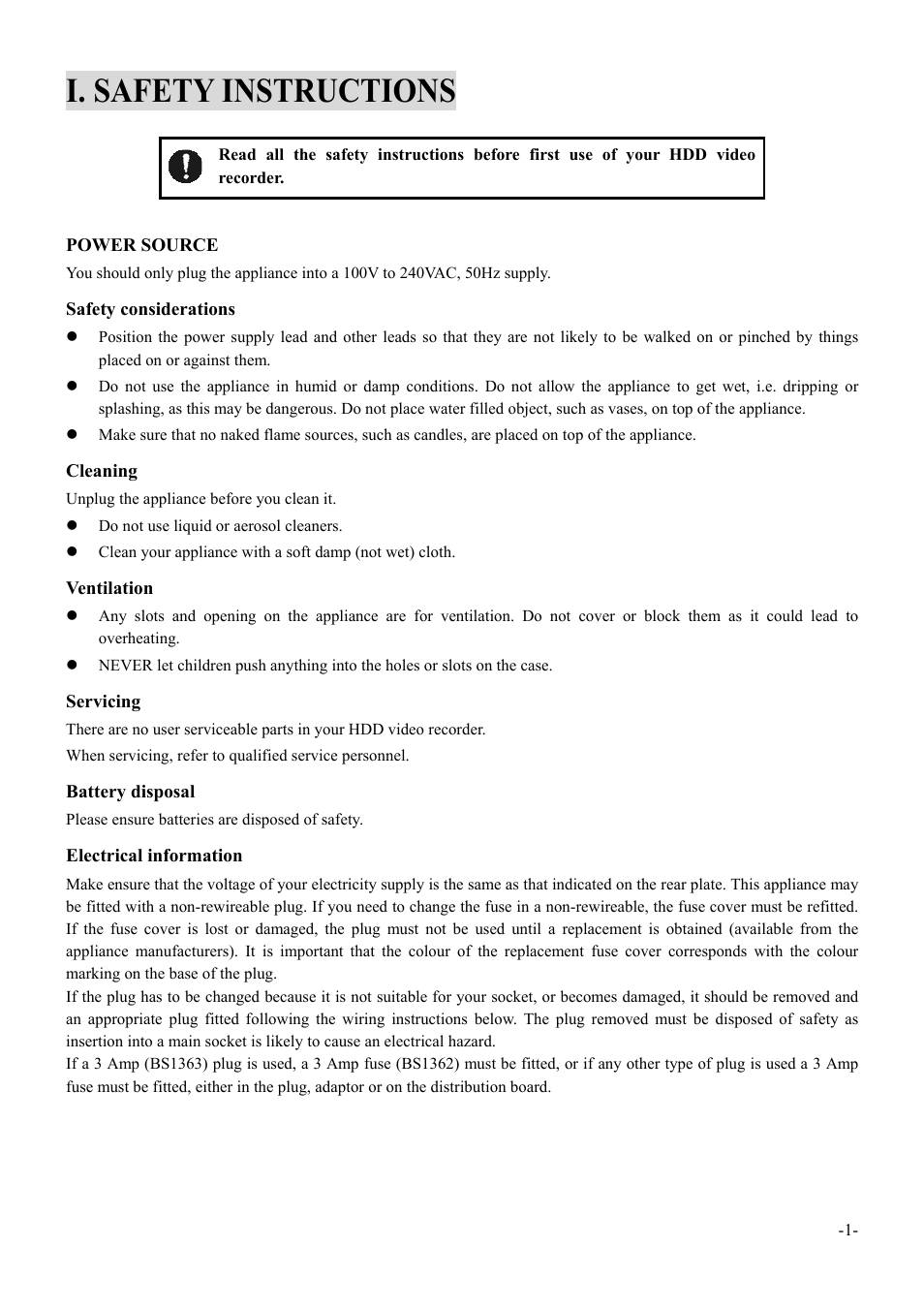 I. safety instructions | Dolby Laboratories 6000 User Manual | Page 2 / 29