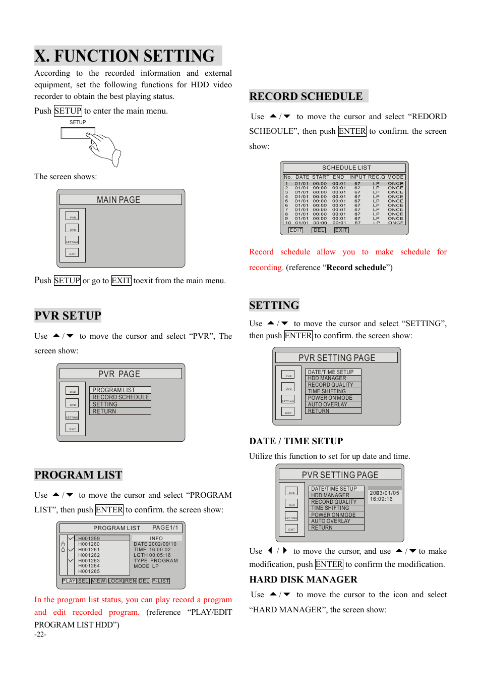 X. function setting, Pvr setup, Program list | Record schedule, Setting, Date / time setup, Hard disk manager, Main page, Pvr page, Pvr setting page | Dolby Laboratories 6000 User Manual | Page 23 / 29