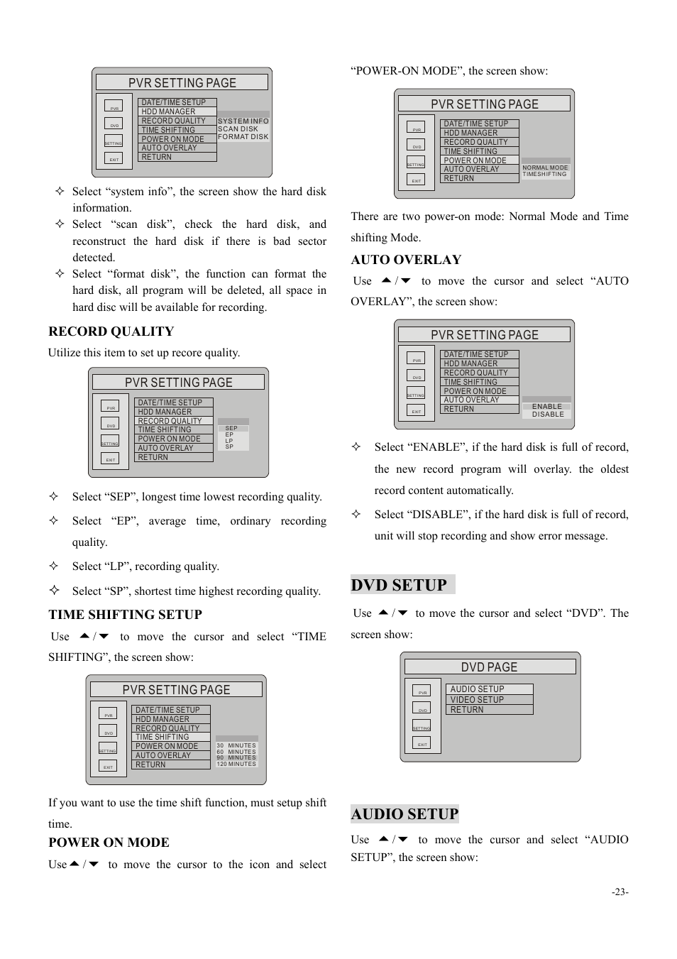 Dvd setup, Audio setup, Record quality | Time shifting setup, Power on mode, Auto overlay, Pvr setting page, Dvd page, Utilize this item to set up recore quality | Dolby Laboratories 6000 User Manual | Page 24 / 29