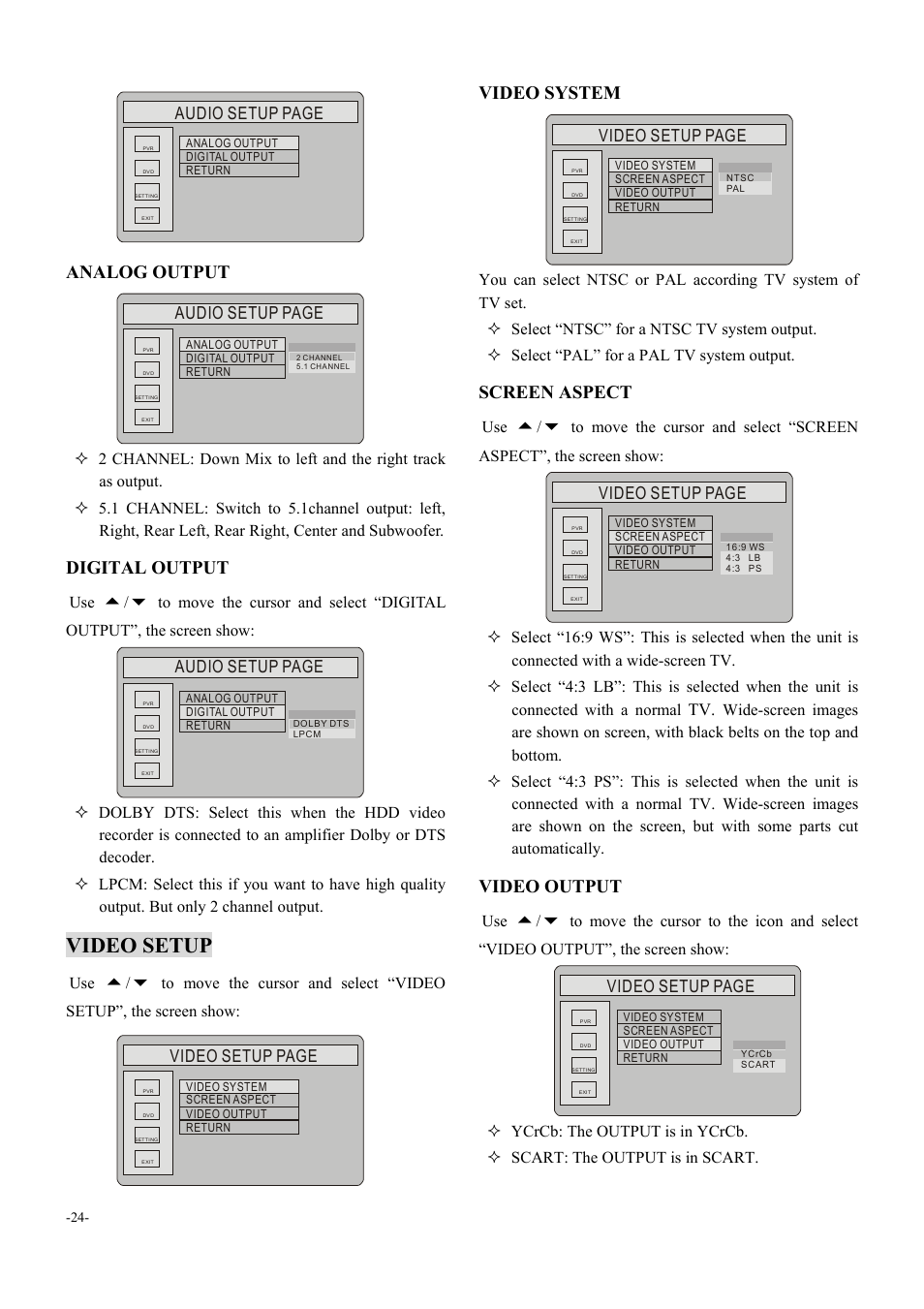 Video setup, Analog output, Digital output | Video system, Screen aspect, Video output, Audio setup page, Video setup page | Dolby Laboratories 6000 User Manual | Page 25 / 29