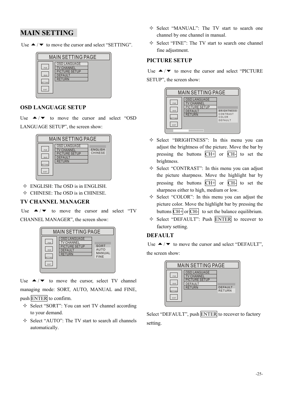 Main setting, Osd language setup, Tv channel manager | Picture setup, Default, Main setting page, Confirm, Recover to factory setting | Dolby Laboratories 6000 User Manual | Page 26 / 29