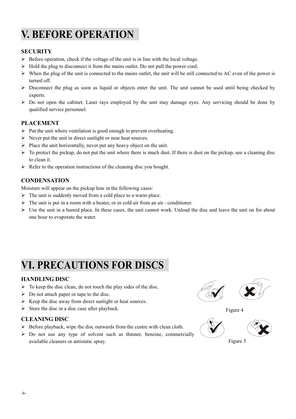 V. before operation, Vi. precautions for discs | Dolby Laboratories 6000 User Manual | Page 7 / 29