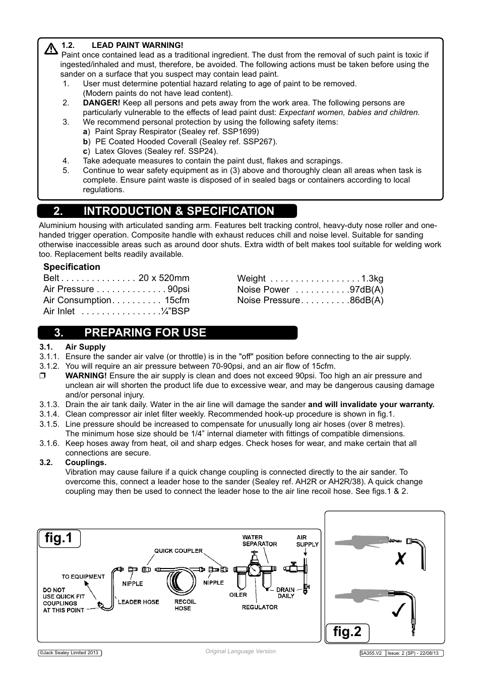 Fig.1 fig.2, Introduction & specification, Preparing for use | Sealey SA355 User Manual | Page 2 / 4