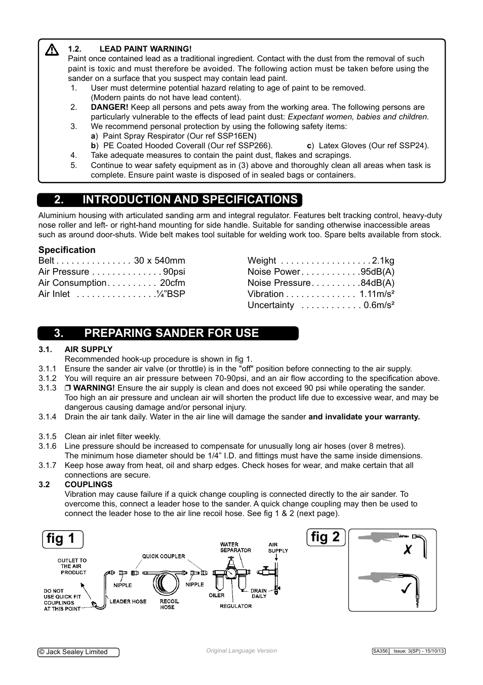 Fig 1 fig 2, Introduction and specifications, Preparing sander for use | Sealey SA356 User Manual | Page 2 / 4