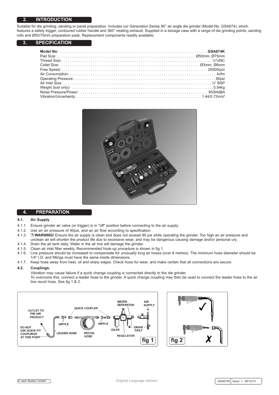 Fig 1 fig 2, Introduction 3. specification, Preparation | Sealey GSA674K User Manual | Page 2 / 4