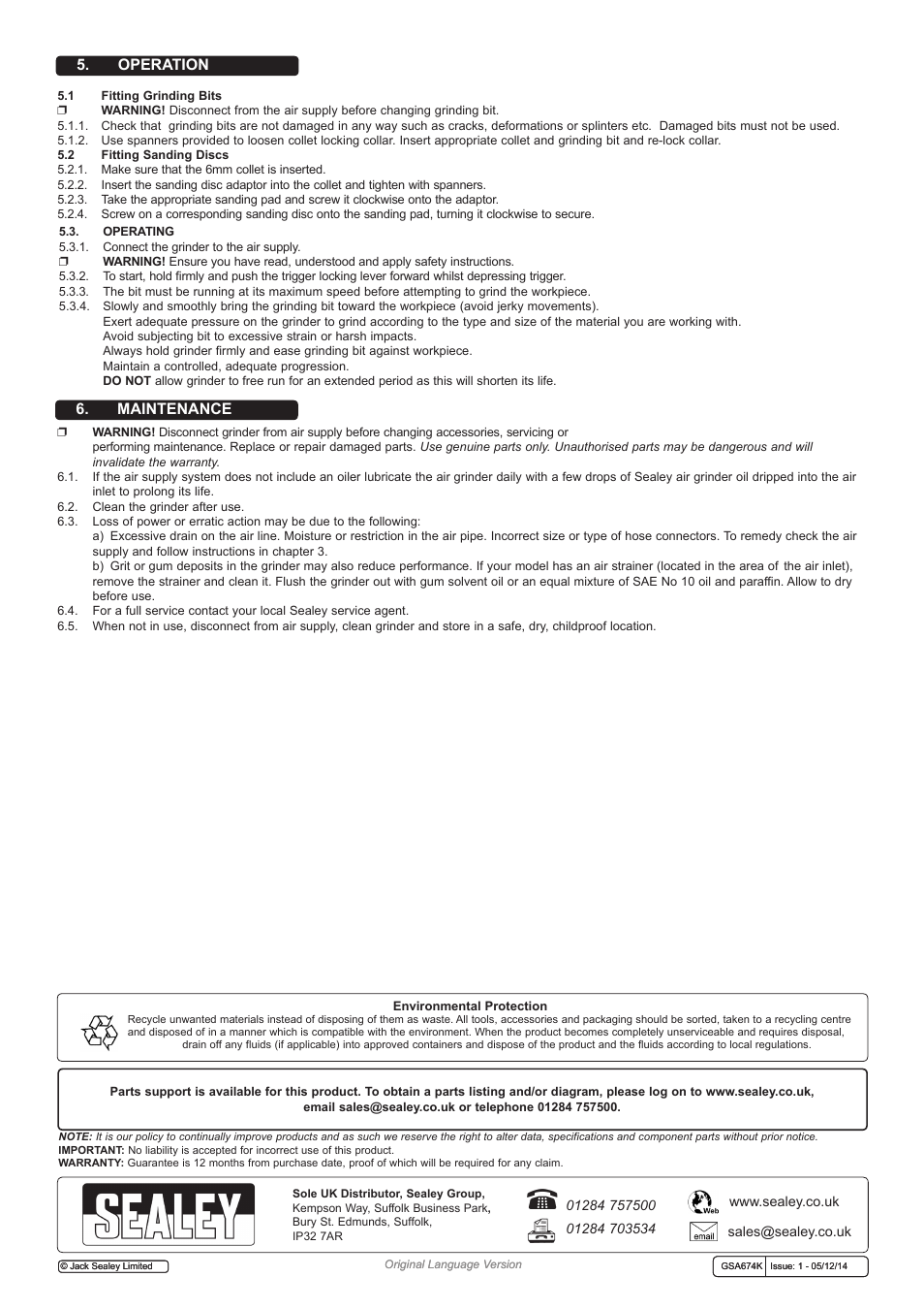 Operation, Maintenance | Sealey GSA674K User Manual | Page 3 / 4