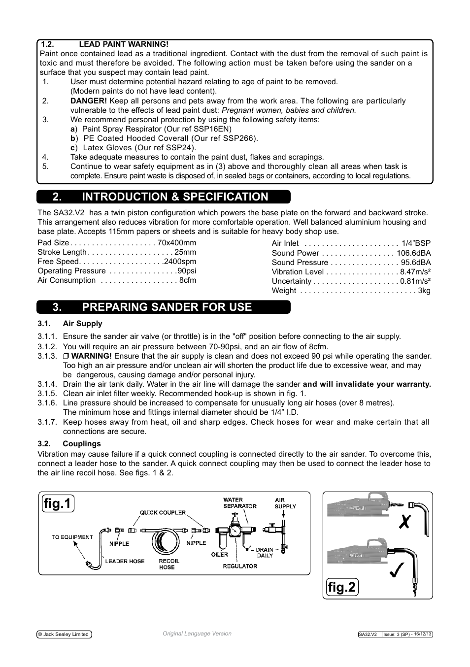 Fig.1, Fig.2, Introduction & specification | Preparing sander for use | Sealey SA32 User Manual | Page 2 / 4