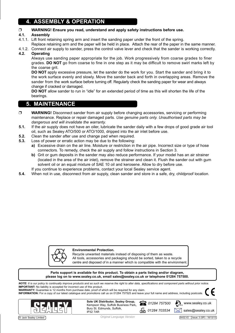 Assembly & operation 5. maintenance | Sealey SA32 User Manual | Page 3 / 4