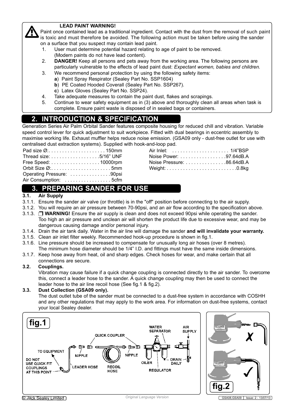 Fig.1, Fig.2, Introduction & specification | Preparing sander for use | Sealey GSA08 User Manual | Page 2 / 4