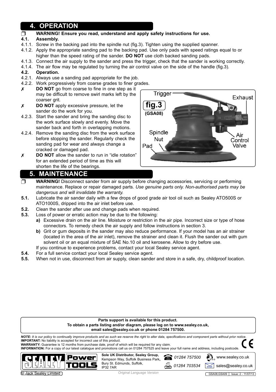 Fig.3, Operation 5. maintenance | Sealey GSA08 User Manual | Page 3 / 4