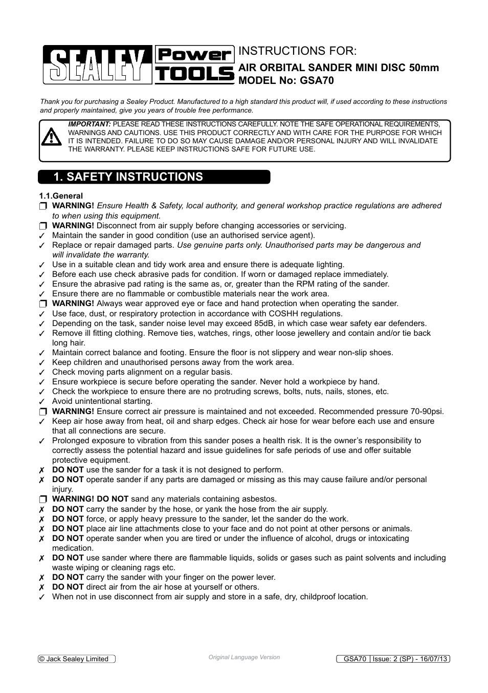 Sealey GSA70 User Manual | 4 pages