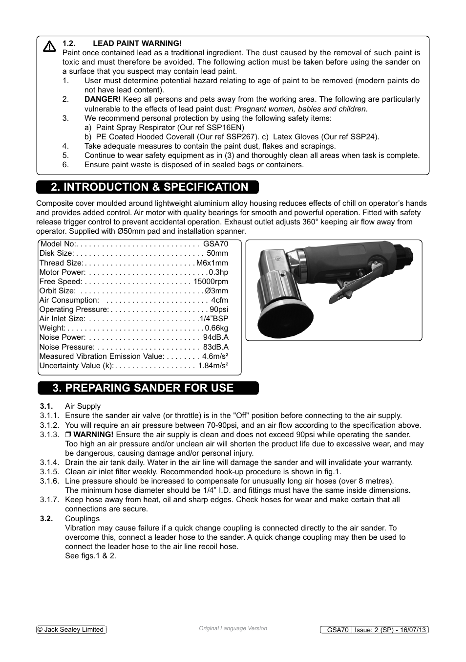 Introduction & specification, Preparing sander for use | Sealey GSA70 User Manual | Page 2 / 4