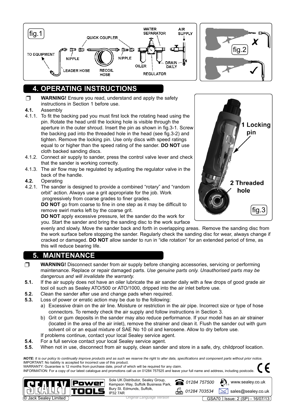 Operating instructions 5. maintenance, Fig.1 fig.3 fig.2 | Sealey GSA70 User Manual | Page 3 / 4