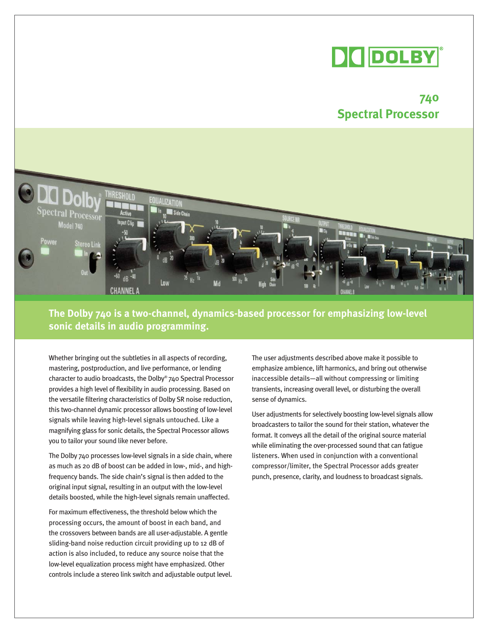 Dolby Laboratories Spectral Processor 740 User Manual | 2 pages